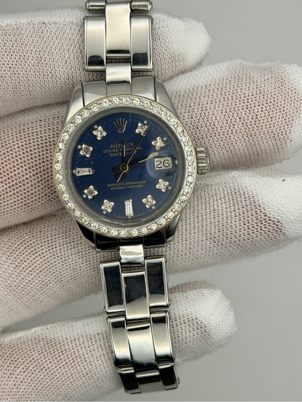 Rolex Women's Silver Watch with Blue Dial and Diamond Accents